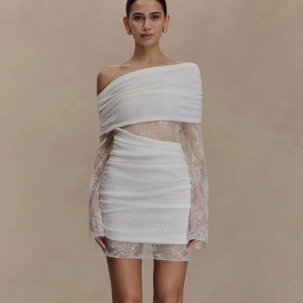 Meshki Luxie Lace Mini Dress, ivory size small - One Shoulder White Lace Dress